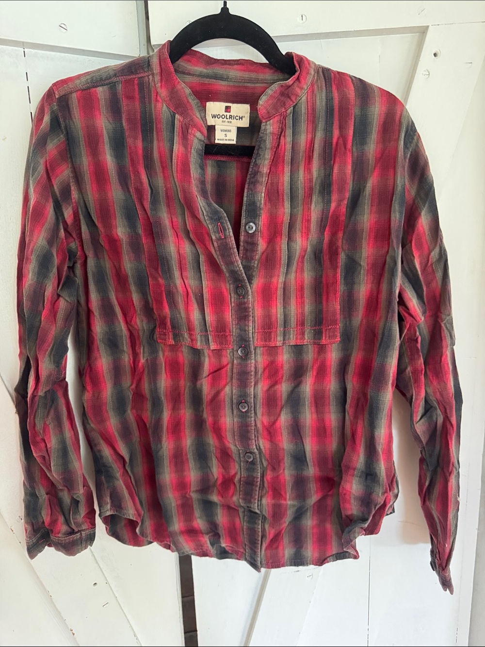 Woolrich Red and Green Plaid Band-Collar Shirt